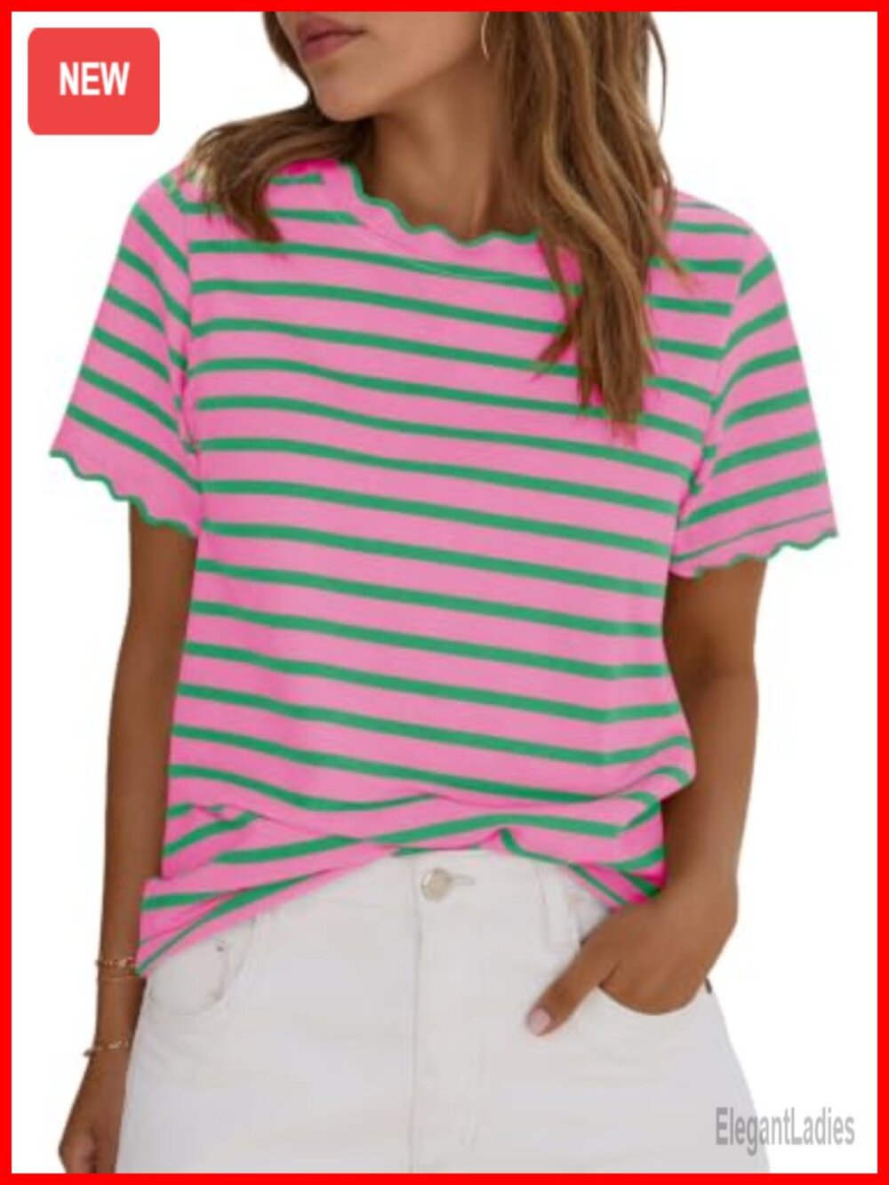 Womens Short Sleeve Striped Scalloped Crew Neck Loose Fit T-Shirt